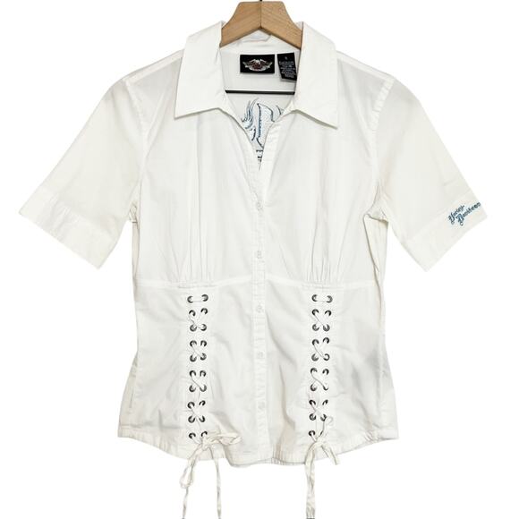 Harley-Davidson Tops - Harley Davidson Blue White Embroidered Women Short Sleeve Blouse Size Small